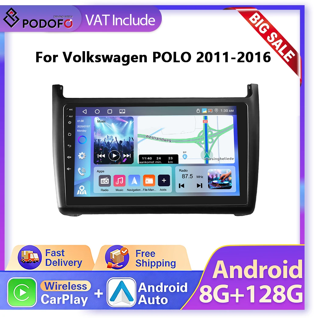Podofo 2DIN Android Car Radio for VW POLO 5 sedan 2008 2009 2010 2011 2012 2013 2014 2015 2016 CarPlay Android Auto GPS 4G WIFI FM RDS DSP BT SWC HD IPS Touch Screen Plug&Play Multimedia Player