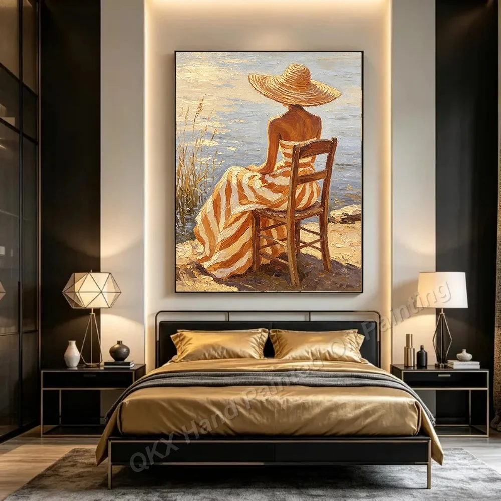 Hand-Painted Oil Painting on Canvas Wall Art Decor for Living Room, Palette Knife Warm Tone Seaside Leisure Figure Textured Wall