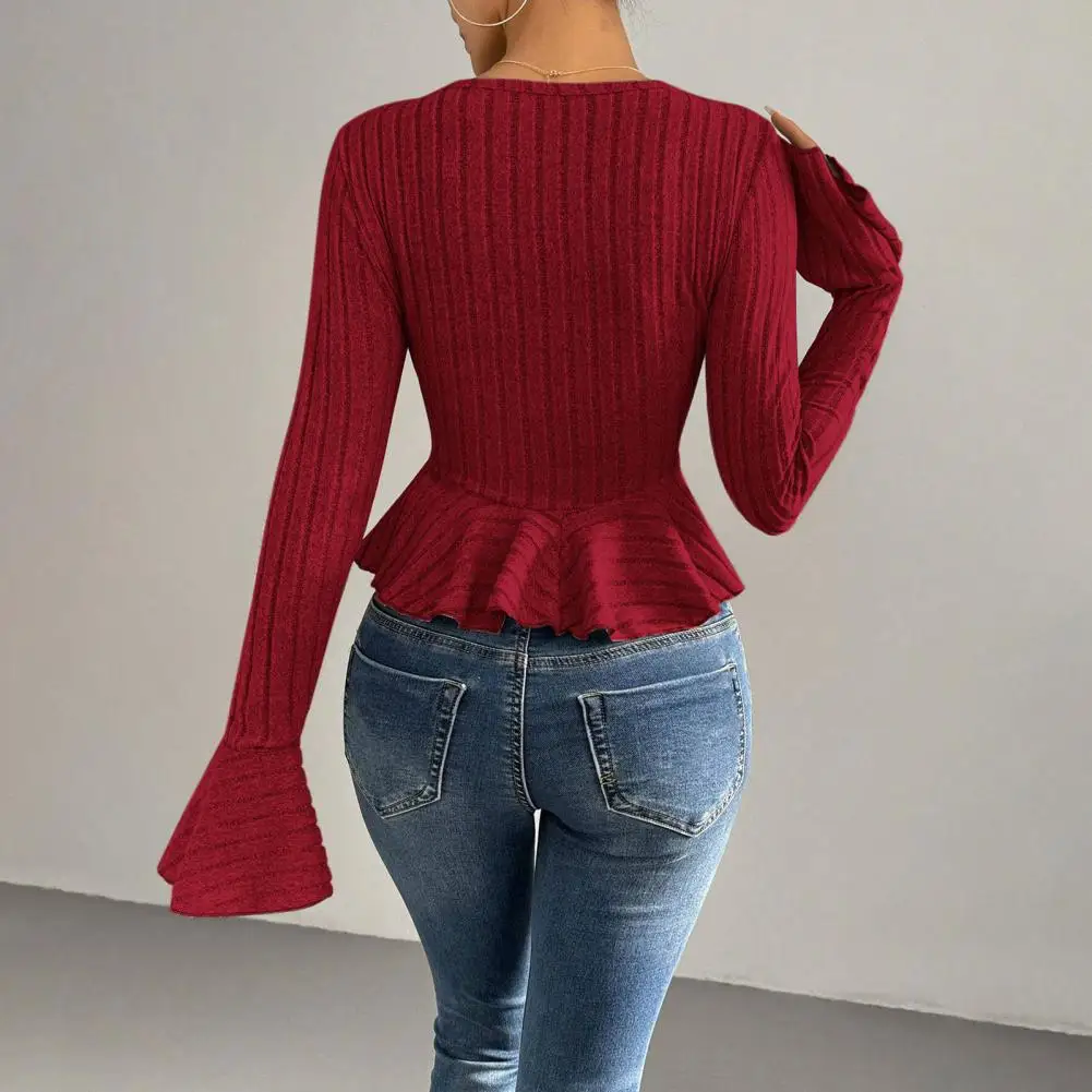 Shirts Women Hotsweet V-neck Casual Vintage Ruffles Spring Female Slim New Sexy Korean Style Flare Sleeve Streetwear Tops Trendy