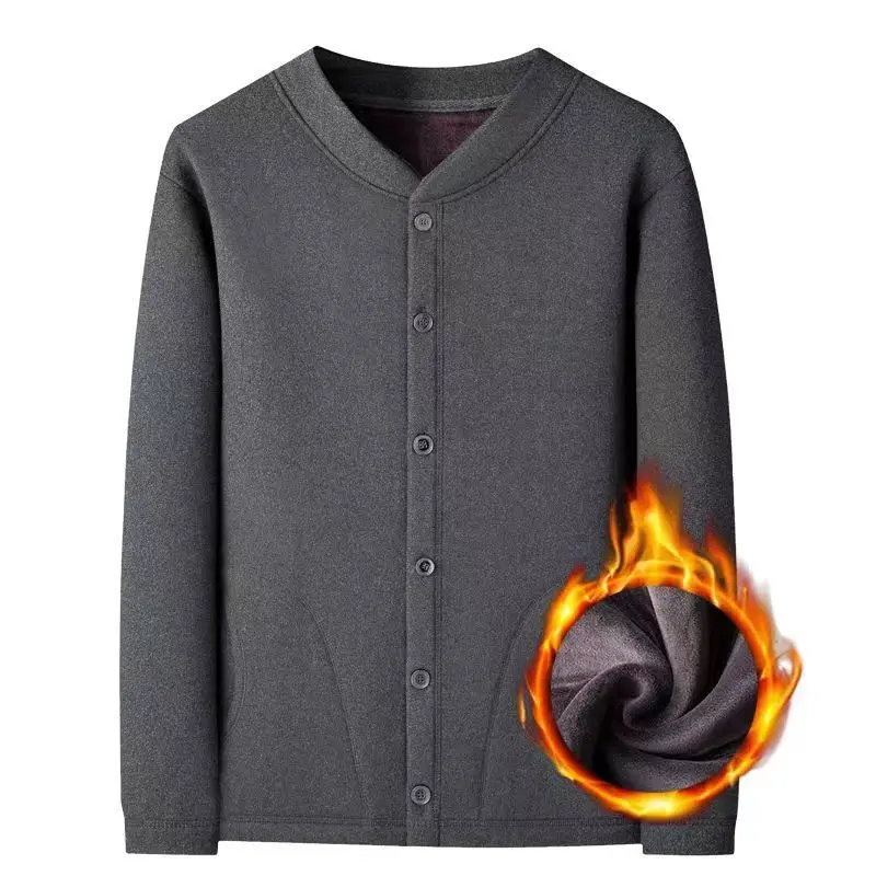 Plush Autumn Winter High-end Knitted Cardigan Men's Thermal Underwear Middle-aged Elderly Retro Style