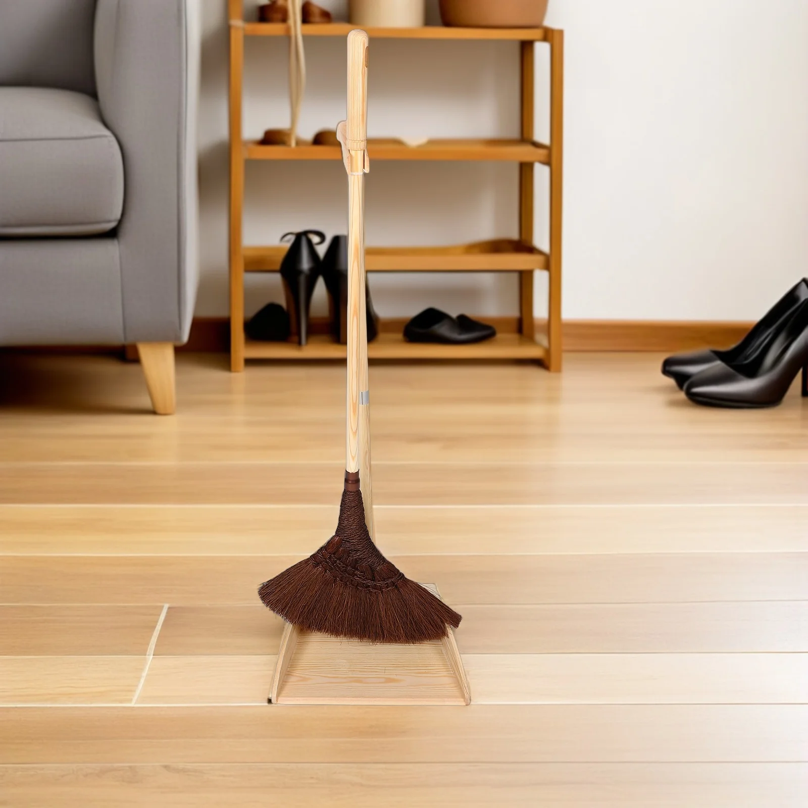 1 conjunto de vassoura e pá de estilo japonês, conjunto de fibra de palma natural, cabo longo, sem arranhões, ferramenta de varredura de chão para cozinha