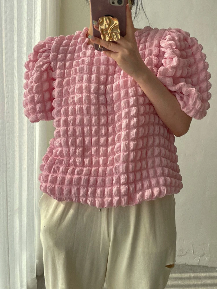 シックなレディースシャツ 春2024 クラウドバブルスリーブトップ 裏地付き ラウンドネック 半袖 快適 通勤スタイル ルーズフィット