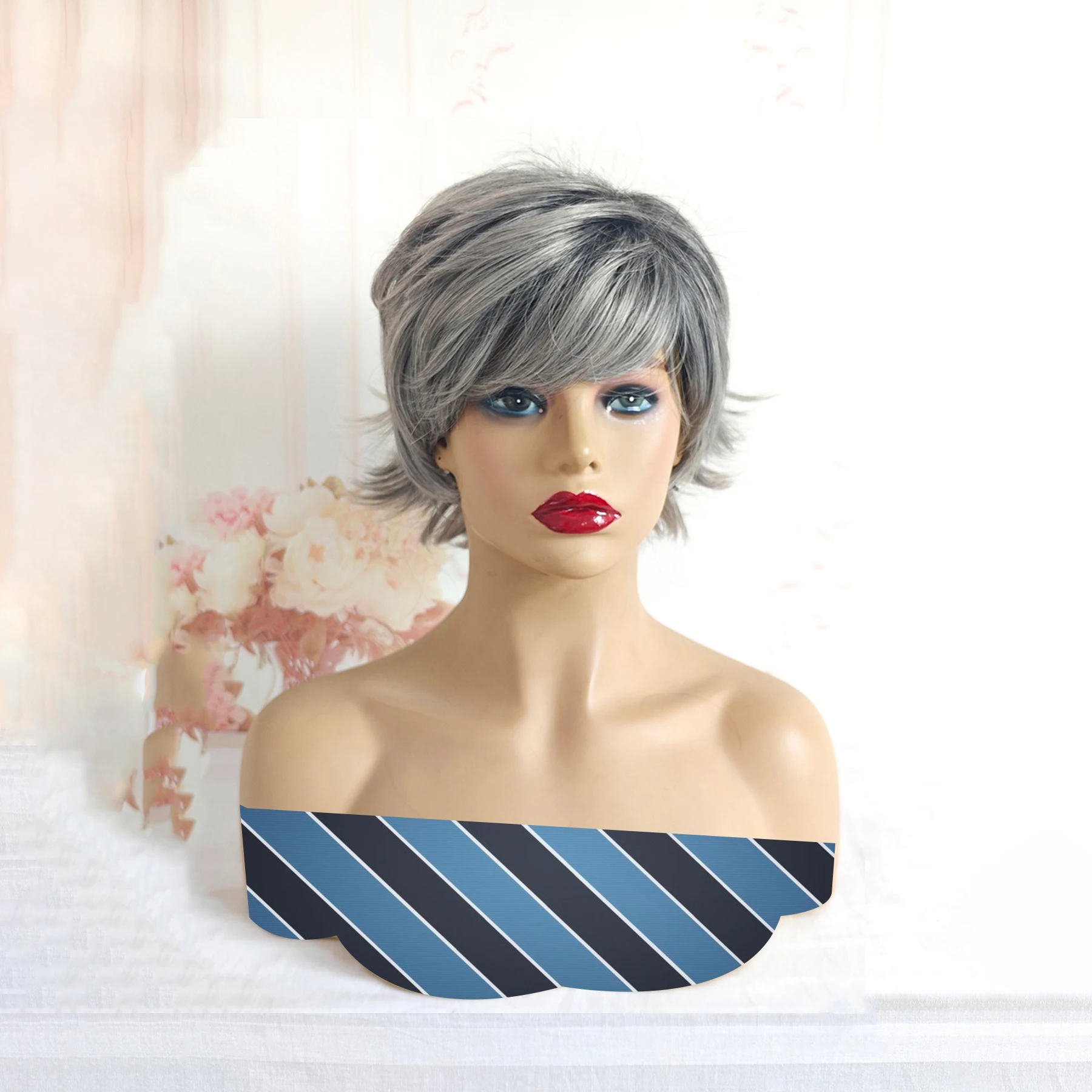 

Женский модный бабусино-серый пушистый короткий вьющийся парик из синтетических волос без кружева