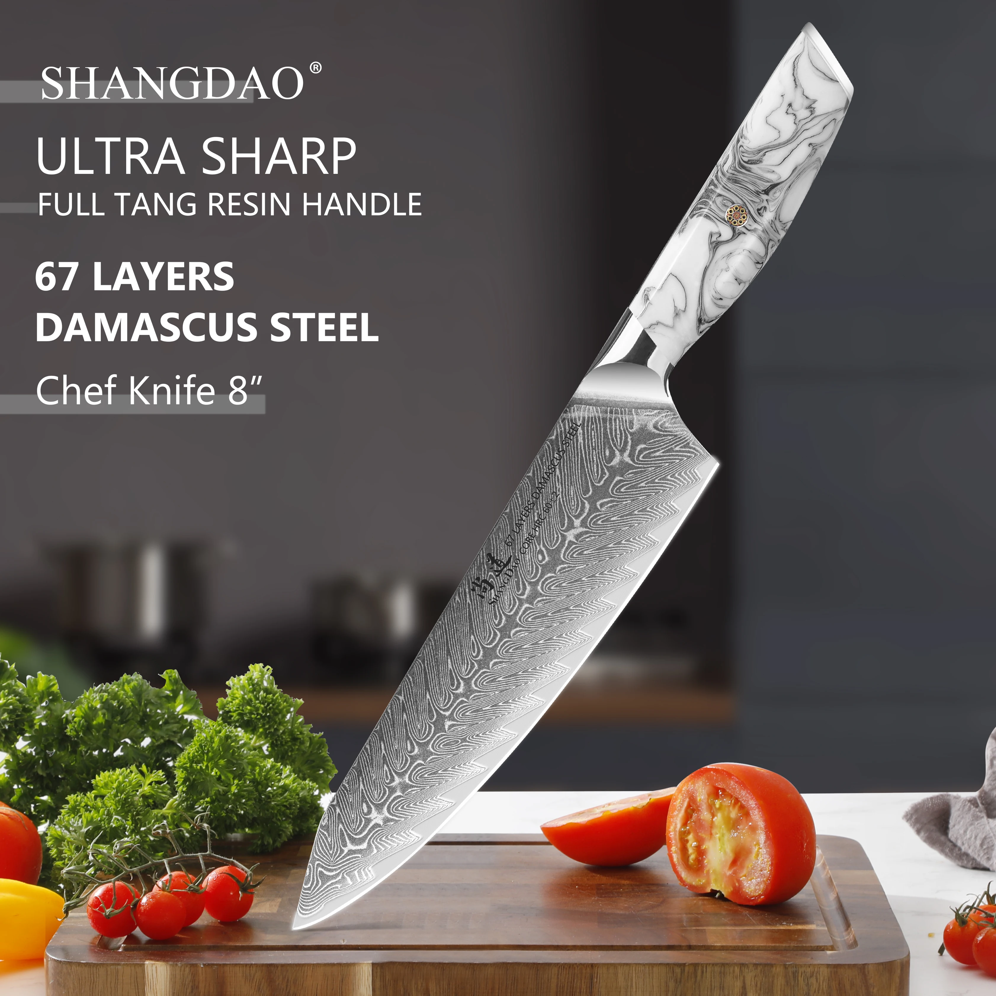 

SHANGDAO Chef Knife, 8"Damascus Japanese Kitchen Knives,VG10 Steel-Resin Handle Chef Knife,Japanese Damascus Knife with Gift Box