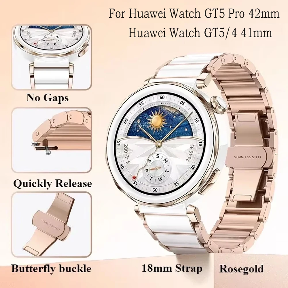 

18mm Ceramic Strap for Huawei Watch GT5 Pro 42mmMen's Women's High-end Luxury Replacement Wristbands for Huawei Watch Gt5/4 41mm