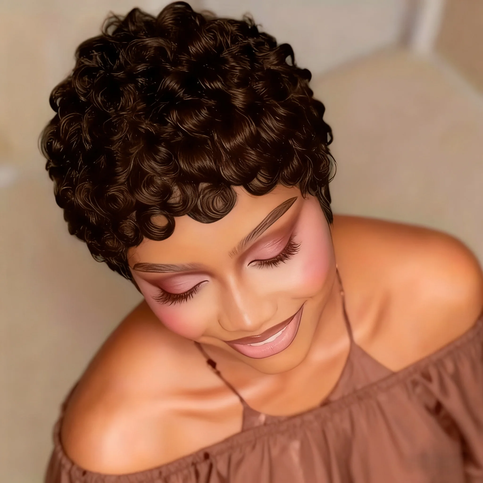 Layered Short Loose Curly Pixie Cut Human Hair Wig with Bangs