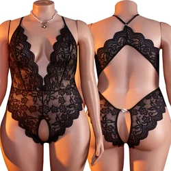 Porno Crotchless Underwear For Women Lace Cutout Transparent Teddy Erotic Costumes Sexy Lingerie Deep V Open Bra Baby Doll Dress