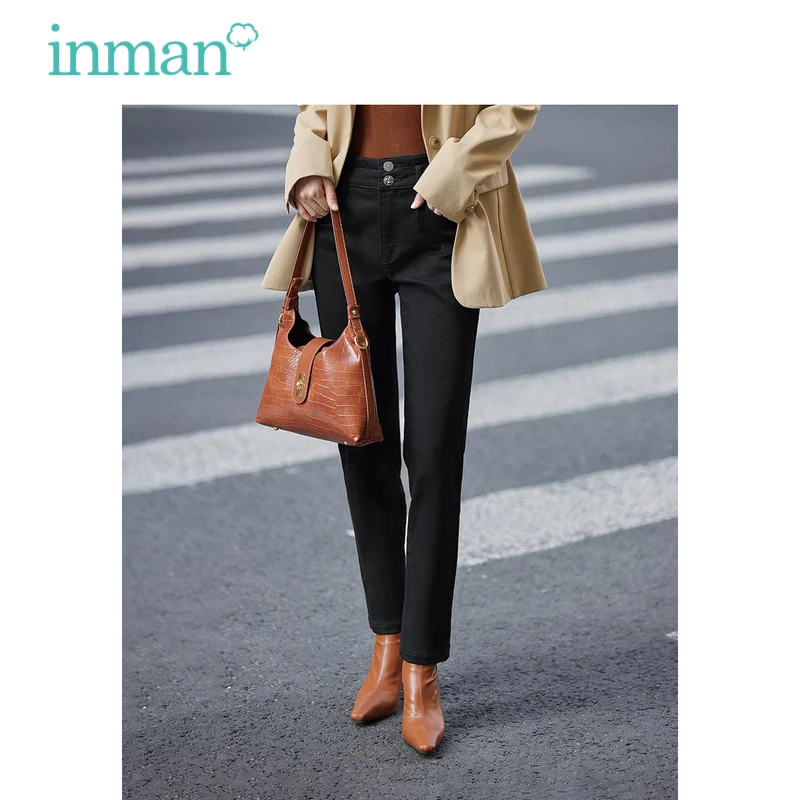 

INMAN Women Jeans 2023 Autumn High Waist Straight Long Slim Stretch Trousers Double Buckle Retro Fashion Black Denim Pants