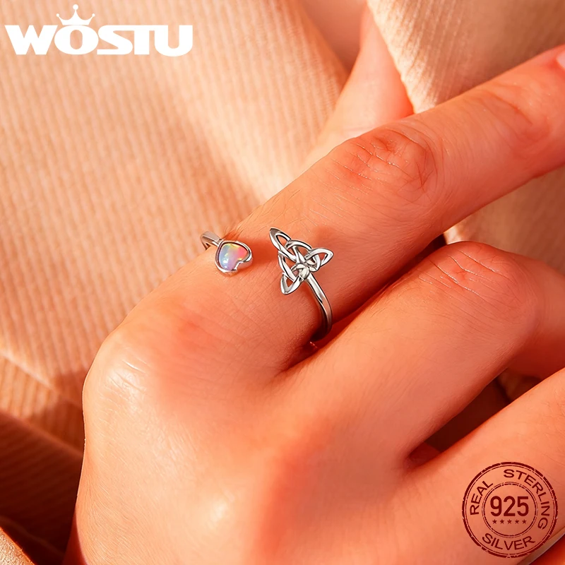 

WOSTU стерлингового серебра 925 пробы с кельтским узлом, открытое кольцо с розовым огненным опалом, женское кольцо с опалом и сердцем S925, уникальный подарок на день Святого Валентина