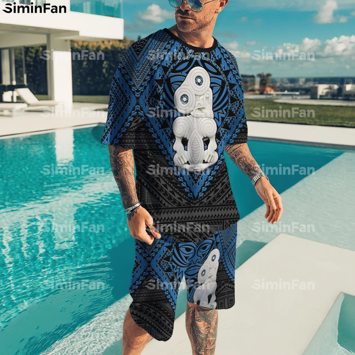 

Aotearoa Tiki Ariki Maori Blue 3D Printed Men Tshirt Shorts Set Summer Tracksuit Two-Piece Sportswear Male Casual Tee Female Top