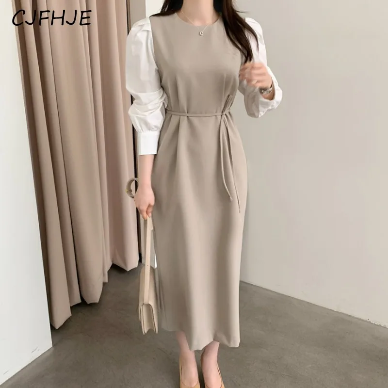 

CJFHJE French Elegant Women's Contrast Color Dress Spring Korean Round Neck Lace Up Spliced Waist Women Bubble Sleeve Dresses