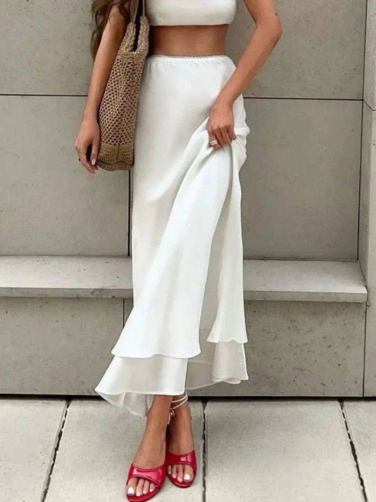 

New Spring Summer French Style Tiered Ruffle Midi Skirt Floral Lace Trim High Waist A-Line Elegant Maxi Skirt for Women Clothing