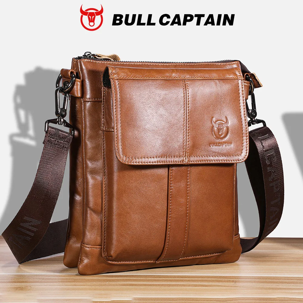 BULLCAPTAIN, bolso cruzado de cuero genuino para hombre, gran capacidad, capa superior multifuncional, bolso de piel de vaca, bolso de hombre a la moda