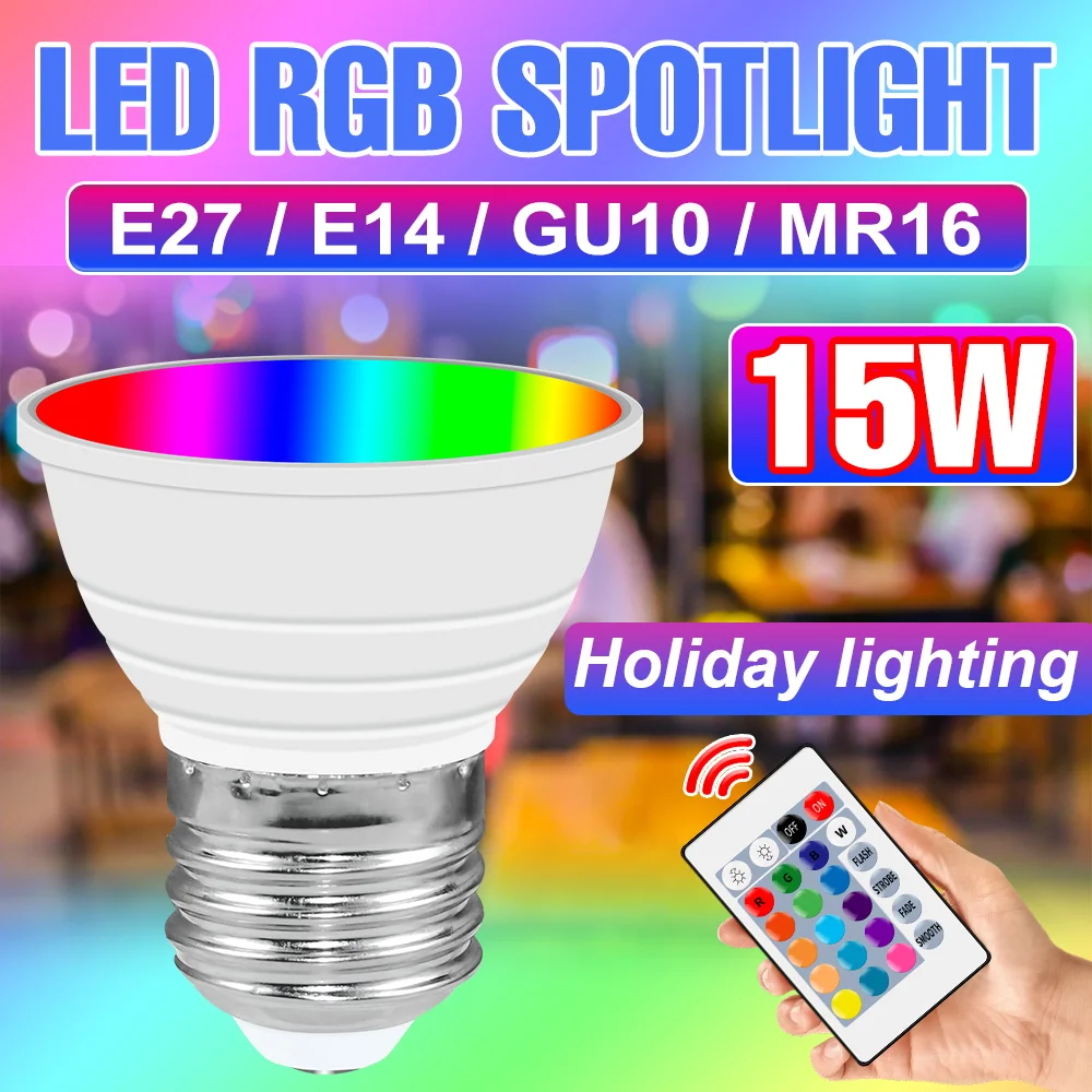 LED RGB E27 Spotlight Remote Control 16 Colors Dimmable E14 Color Changing Lamp MR16 Flash Strobe Home Party GU10 Decor Lights