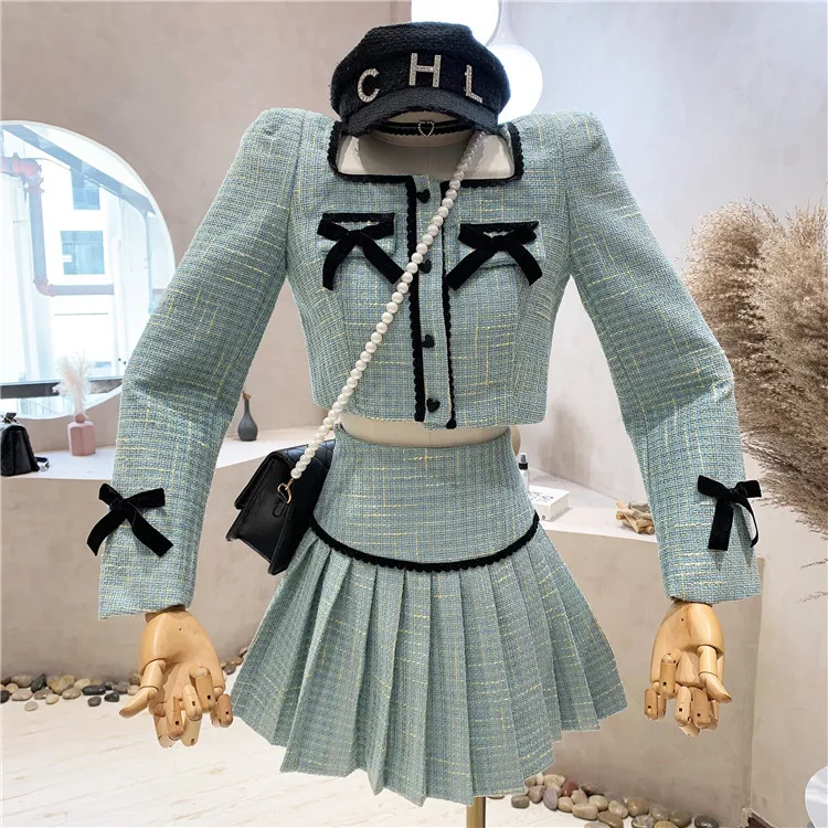 Small Fragrance Tweed 2 Piece Set Women Bow Short Jacket Coat + Skirt Suits Sweet Outfits Vintage Small Fragrance Two Piece Sets