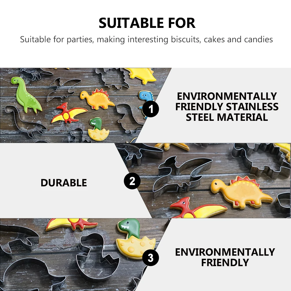 

10 Pcs Dinosaur Baking Set Craft Molds Cookie Cutters Stainless Steel Reusable Easy Clean Kids Gifts Baking Tool