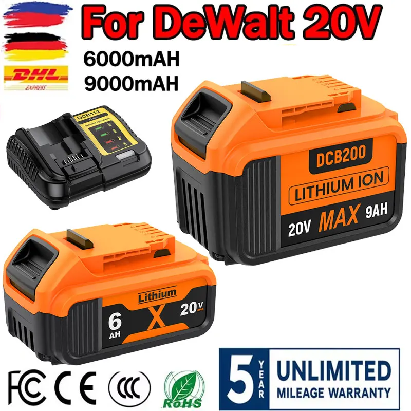 20V pour DeWalt 6.0AH/9.0AH DCB200 batterie de remplacement MAX Li-ionDCB205 DCB204 DCB206 DCB207 DCB182 chargeur de batterie pour outil électrique