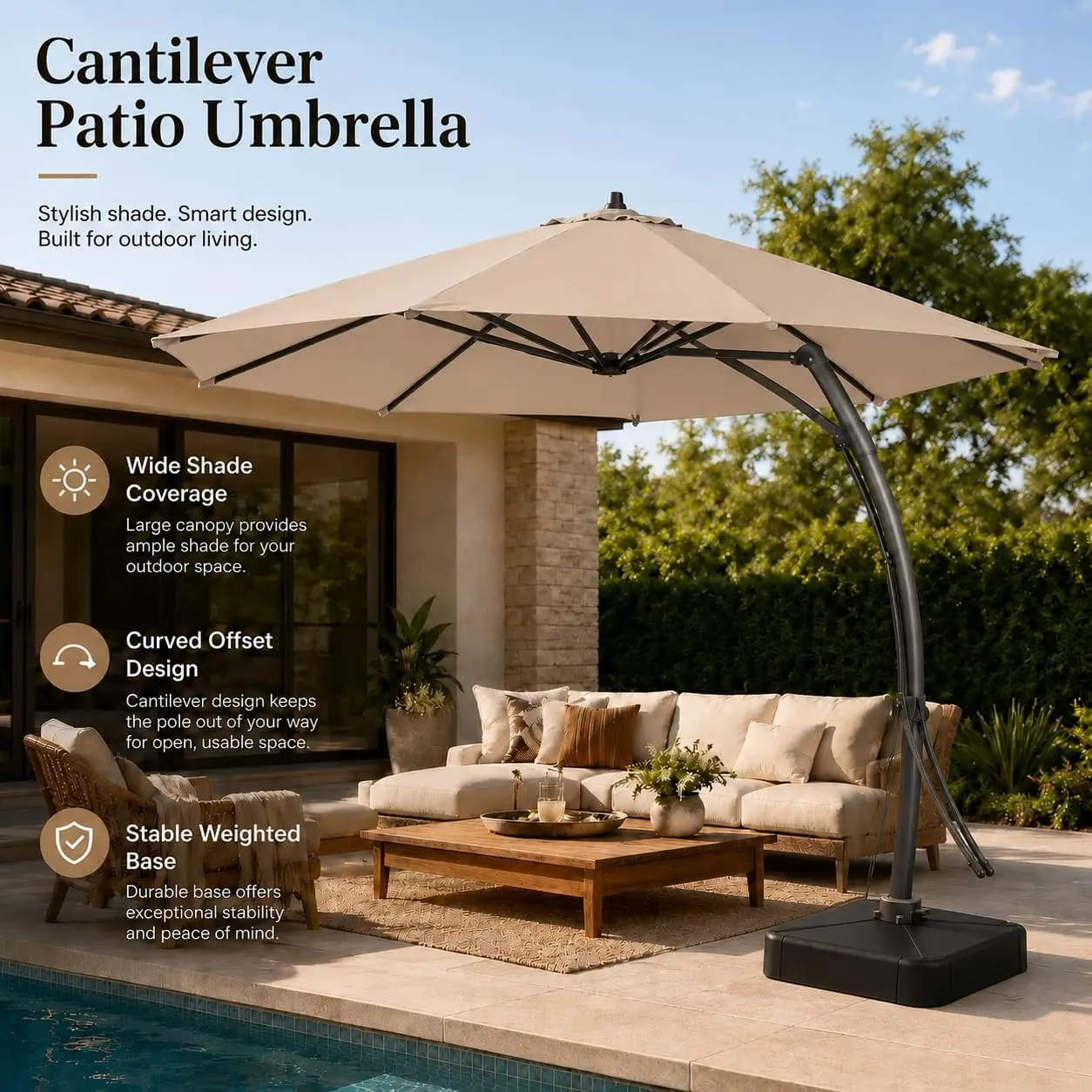 11ft Offset Cantilever Patio Umbrella with Base Included, Large Round Aluminum Outdoor Umbrella, Angle Tilt, Heavy Duty Frame fo