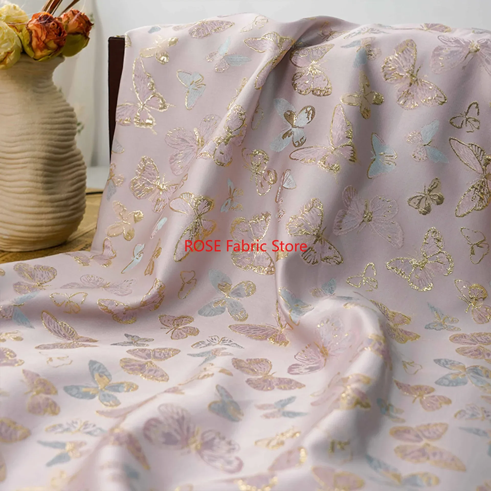 1 Meter Colorful Golden Silk Butterfly Yarn Dyed Jacquard Fabric Retro Women's Dress Skirt Tote Bag Decorative Sewing Fabric