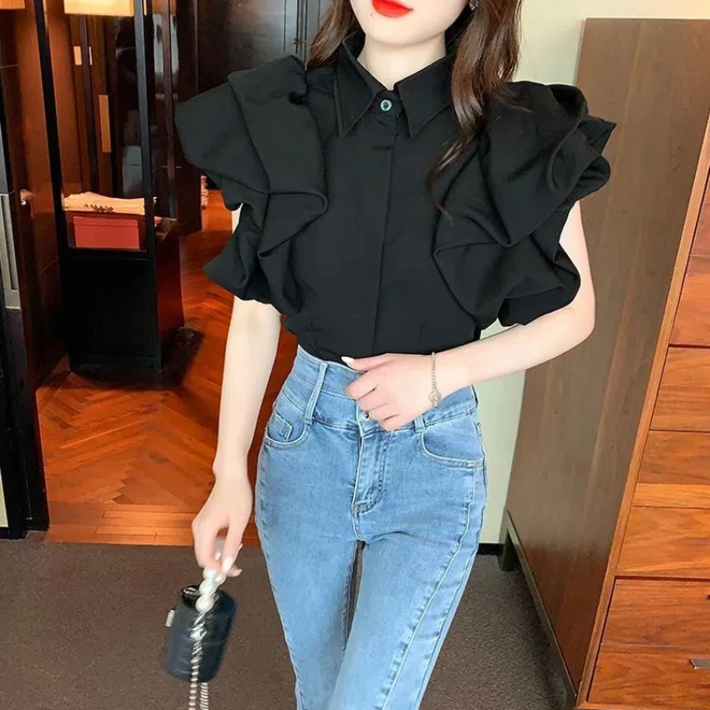 Fashion Square Collar Spliced Puff Sleeve Bow Blouses Women Clothing Summer New Loose Sweet Short Sleeve Tops Korean Shirtstwear