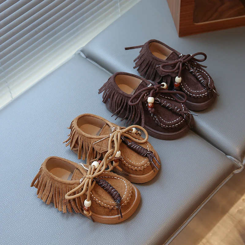 2026 Autumn Retro Children Tassel Suede Leather Shoes Autumn New British Style Soft Soled Knot Beads Shoes Slip on Footwear