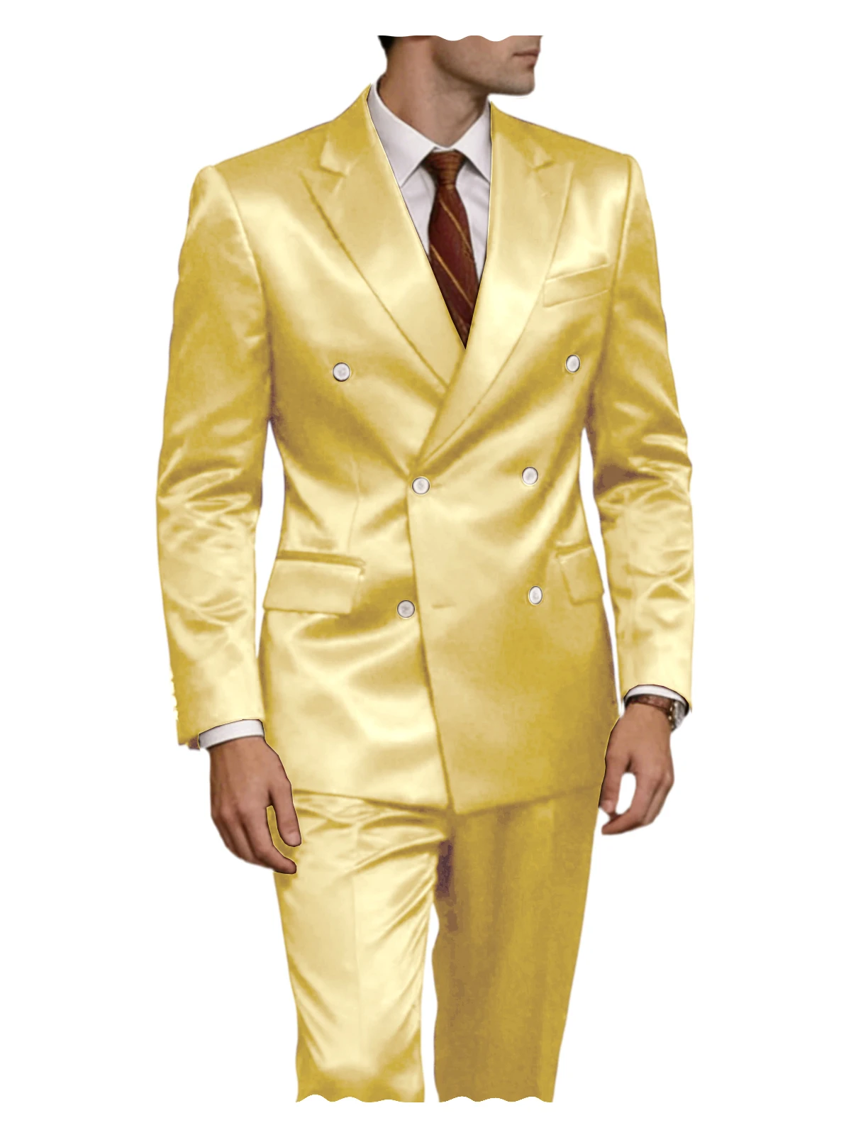 Traje de lujo para hombre de satén brillante de 2 piezas con solapa de pico, chaqueta cruzada y pantalón, elegante, ajustado, formal, para boda o fiesta