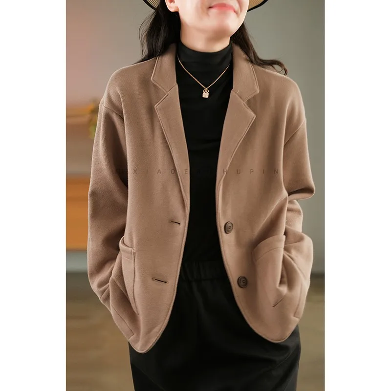 2023 Autumn Winter New Arts Style Women Single Breasted Loose Casual Blazers Double Pockets Vintage Woolen Basic Blazer  P235