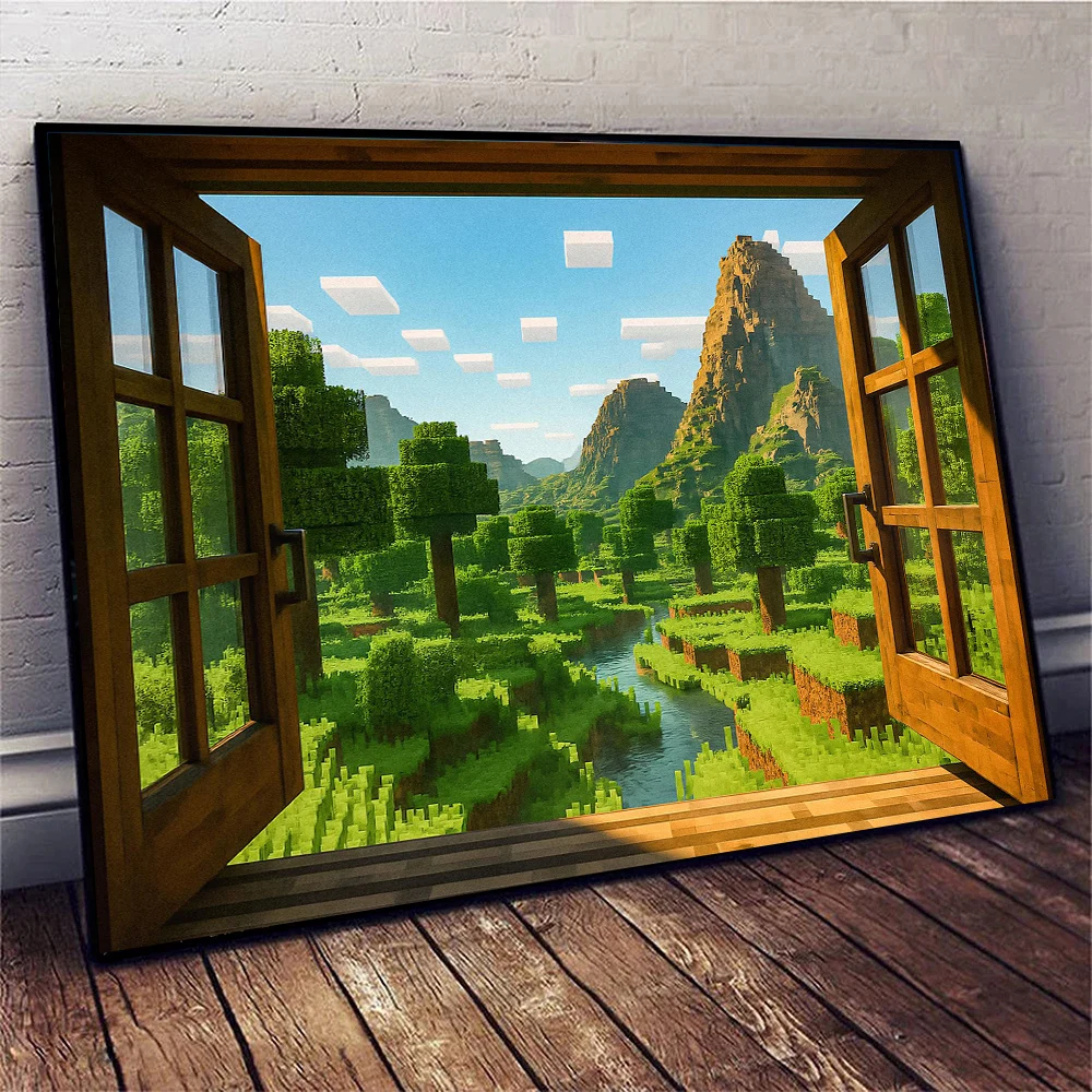 Block Pixel Video Game Window Landscape Style Canvas Poster Painting Print Wall Art Picture for Living Room Home Decor Cuadros
