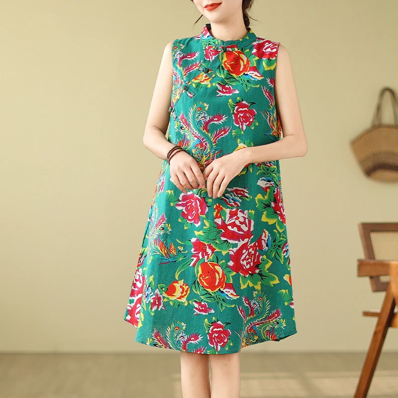 Été chinois Sle grande fleur imprimé Dr femmes Svel a-ligne jupe robe coton lin tissu col montant t-shirt boutons