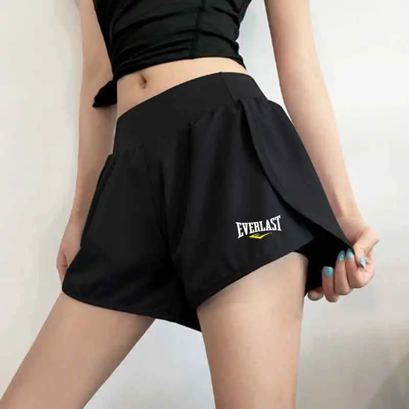 Women Quick Dry Sports Shorts Letter Graphic Print Side Phone Pockets Elastic High Waist Breathable Lightweight Yoga Gym Running