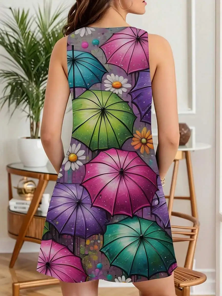 

Women Sleeveless Dress Colorful Umbrella And Daisy Print Summer Casual Beach Vacation Dress