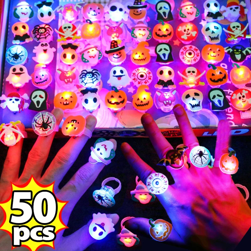 10/50Pcs Halloween Luminous Rings Creative Pumpkin Ghost Eye Ghost Pirate Spider Web Children Toys Halloween Flash Finger Rings