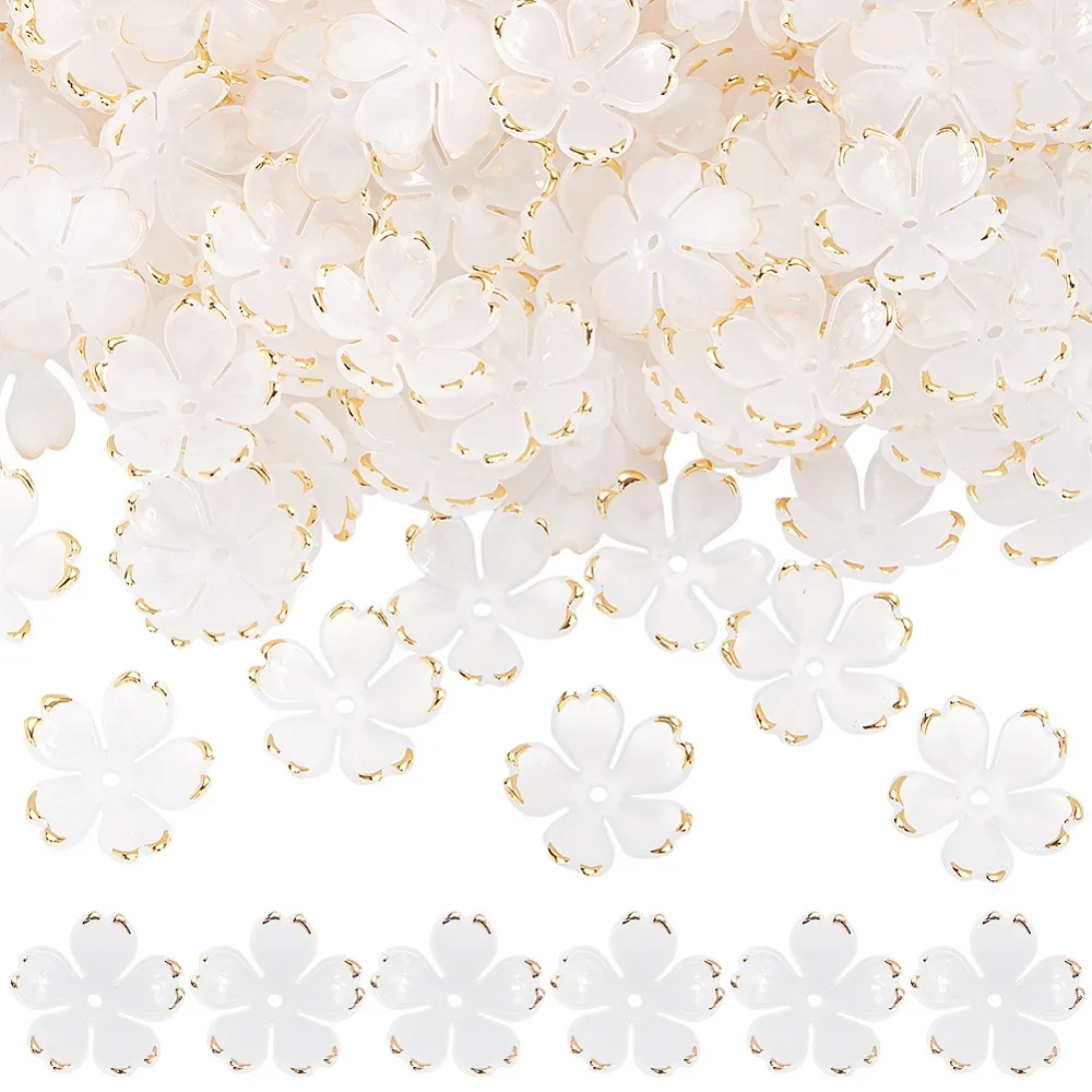 

200Pcs Acrylic Bead Caps 5-Petal Sakura White 18x19x6mm Hole: 1.4mm