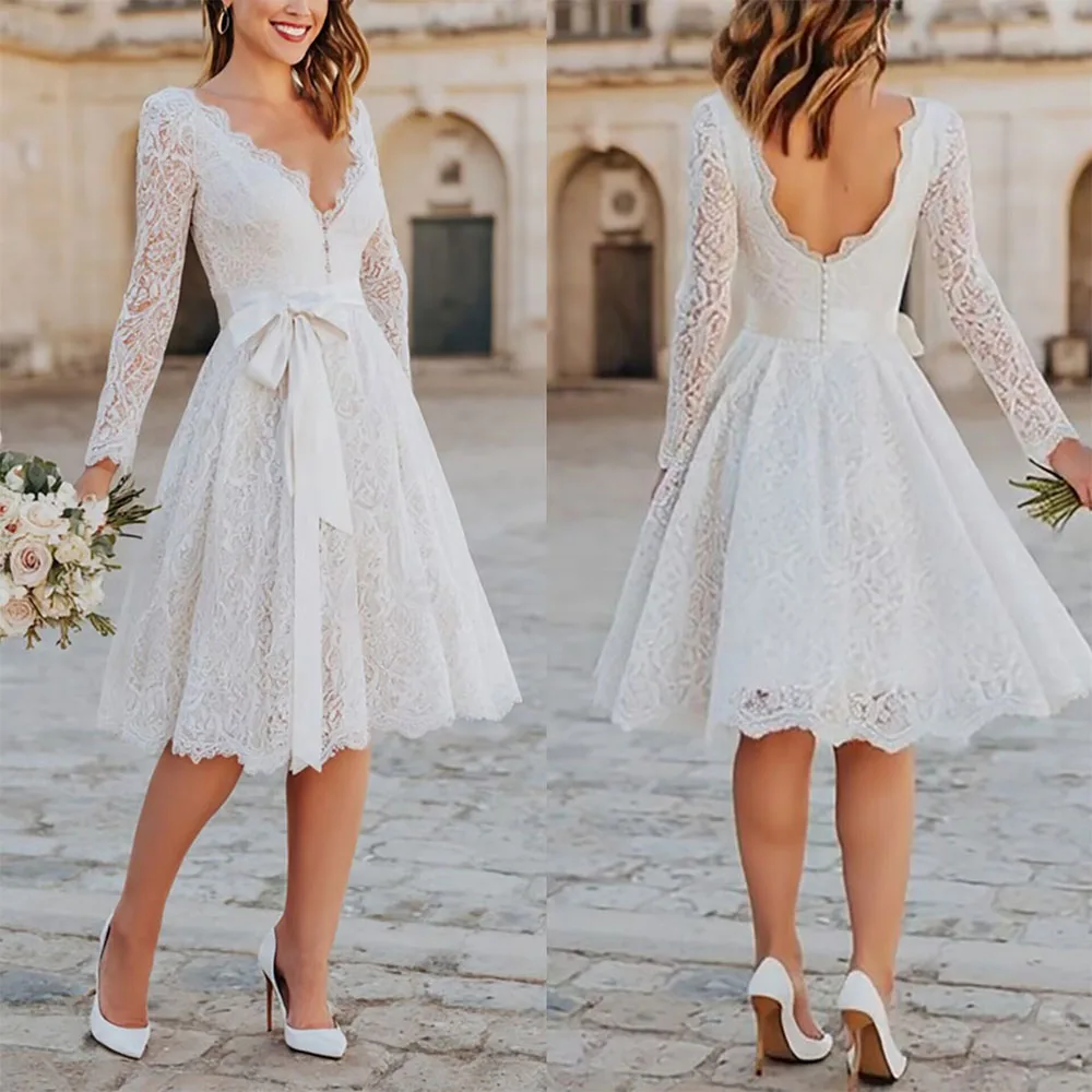 

High Quality Customized V-neck Lace Knee Length White Full Sleeves Elegant Dress Women for Wedding Party Kleider Damen Elegant