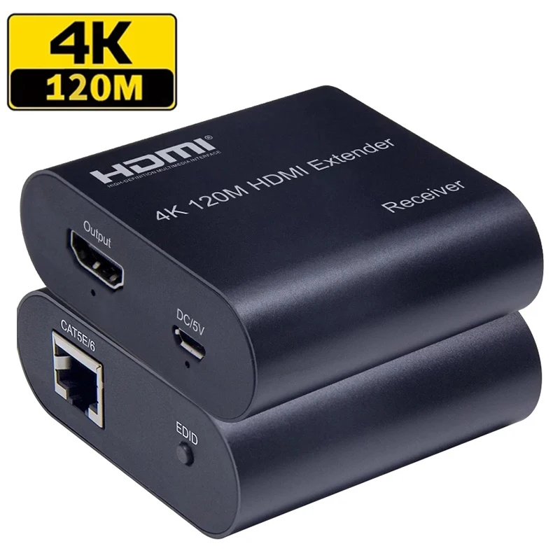 

4K 120M HDMI Extender over Cat5e/6 395ft HDMI to Rj45 Ethernet Video Extender Transmitter Receiver Kit EDID for PC Loptop TV NVR