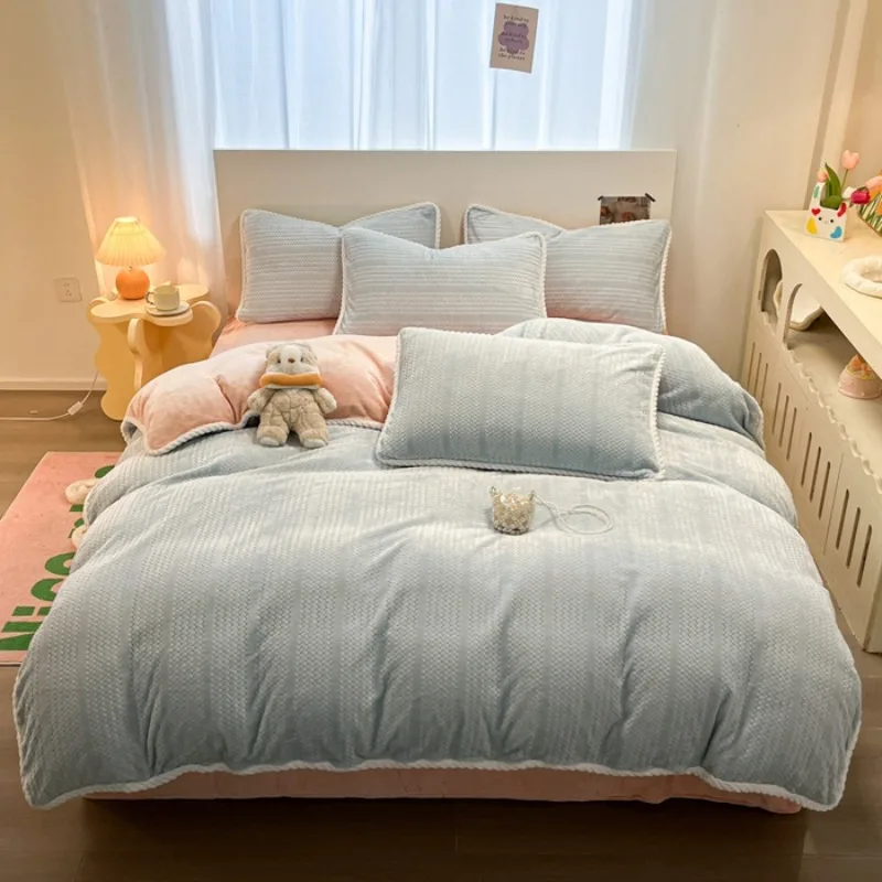 Winter jacquard milk fleece bed 4 piece set double-sided fleece thickened flange coral fleece quilt cover bed sheet 3 piece set