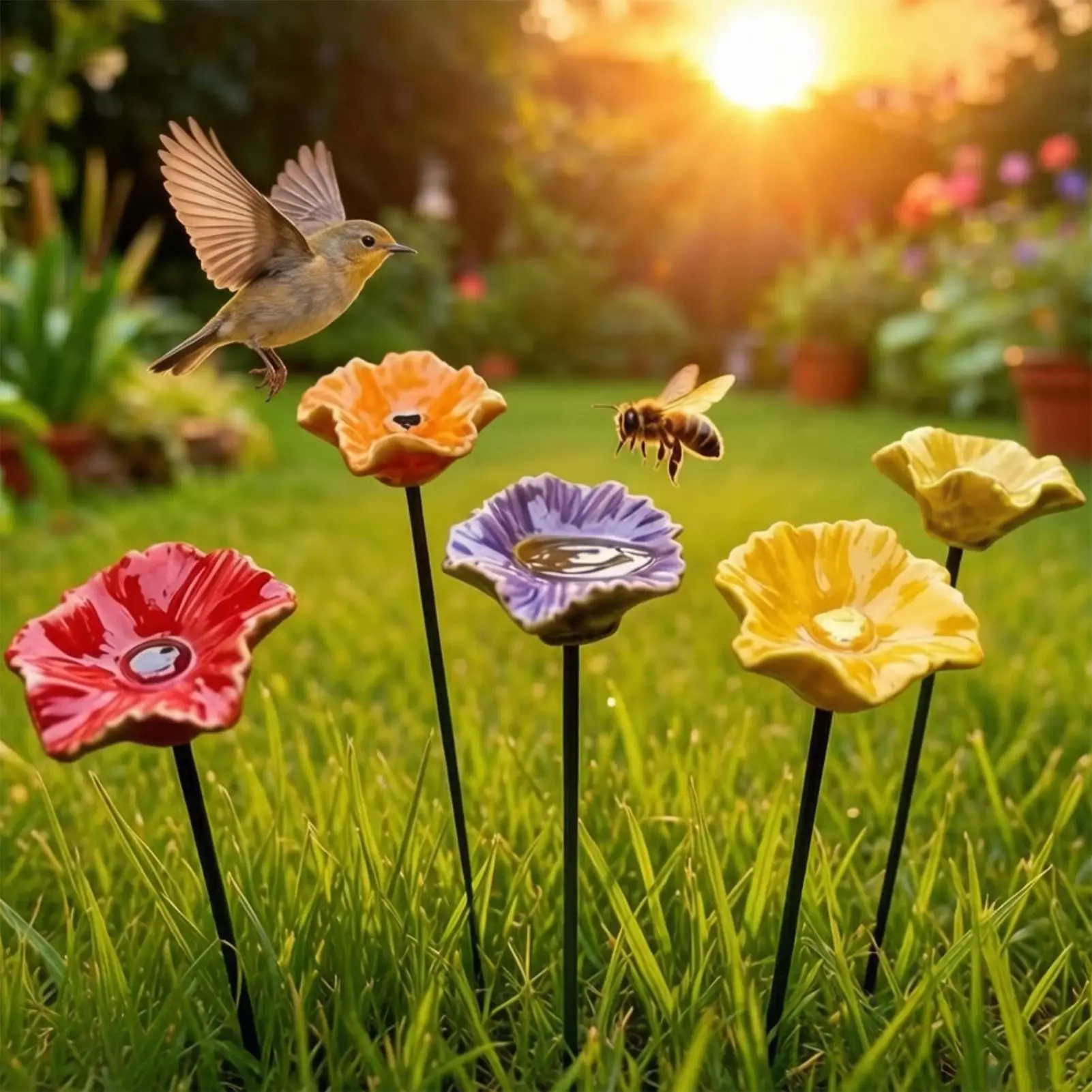 4Pcs Colorful Bee Watering Station Flower Shape Pollinator Watering Station Weather Resistant Bee Watering Cup for Garden Decor