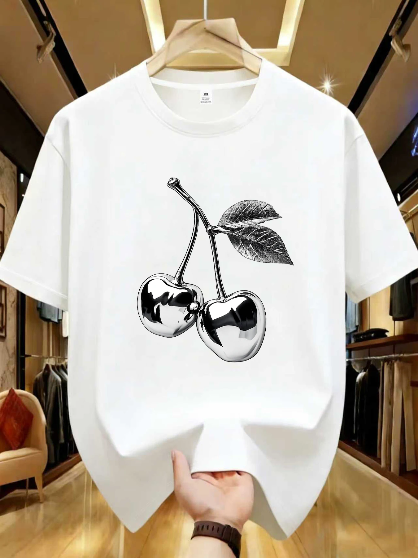 

【WZM1041116】Creative cherry print plus size women's round neck summer casual short sleeved street fashion versatile T-shirt