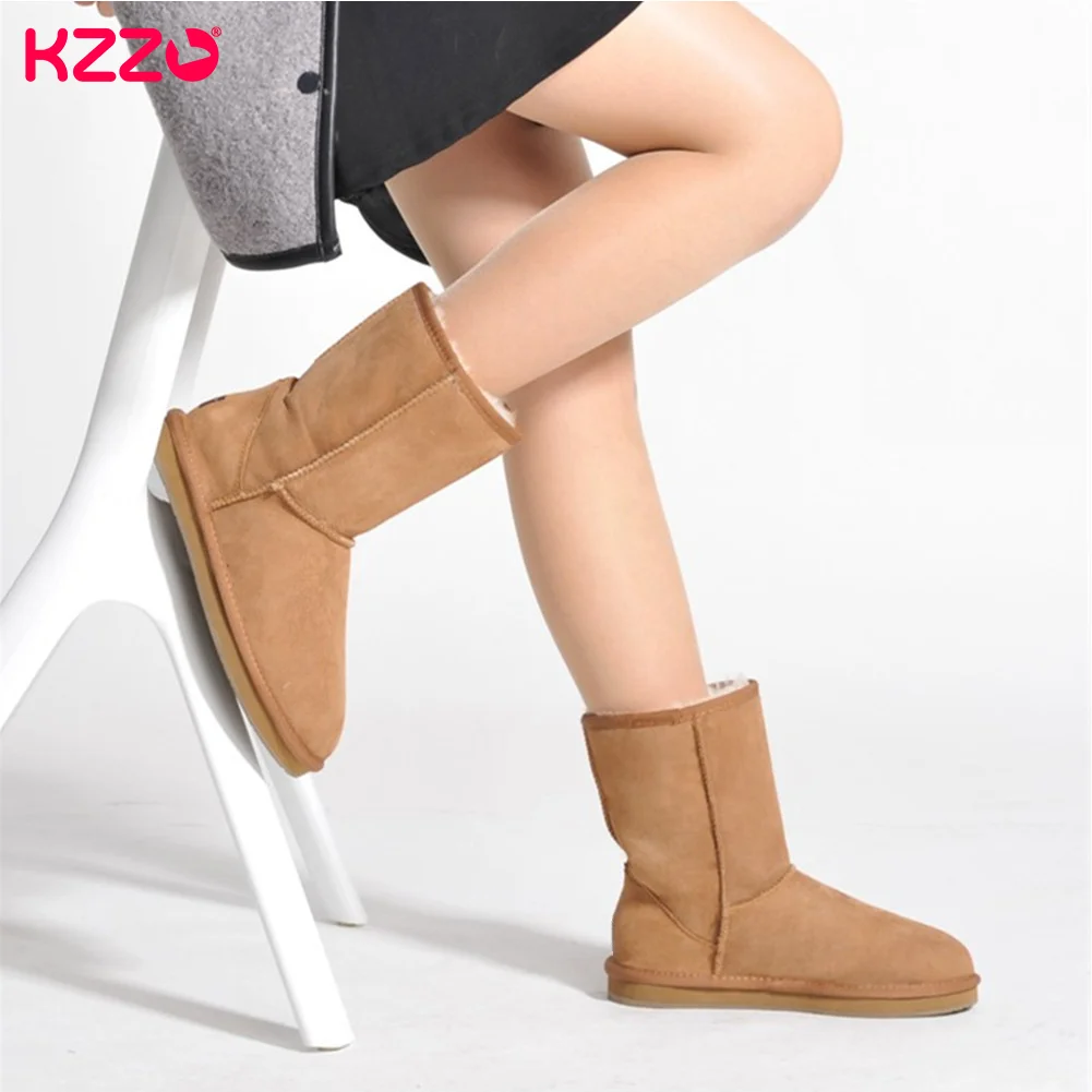 KZZO Women Classic Basic Australia Genuine Leather Snow Boots Natural Sheep Wool Lined Winter Non-Slip Shoes