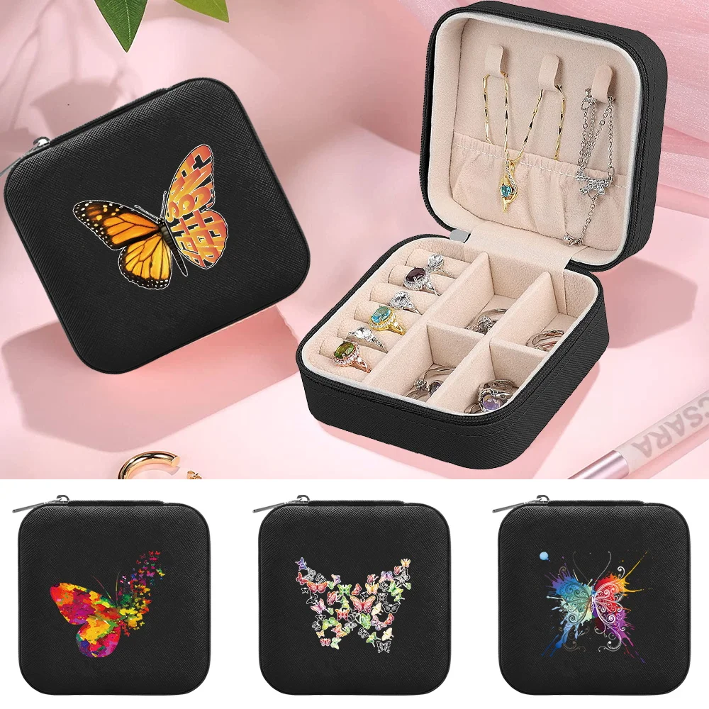 

Travel PU Leather Waterproof Jewelry Box Storage Device Necklace Ring Earrings Display Butterfly Pattern Series Jewel Boxes