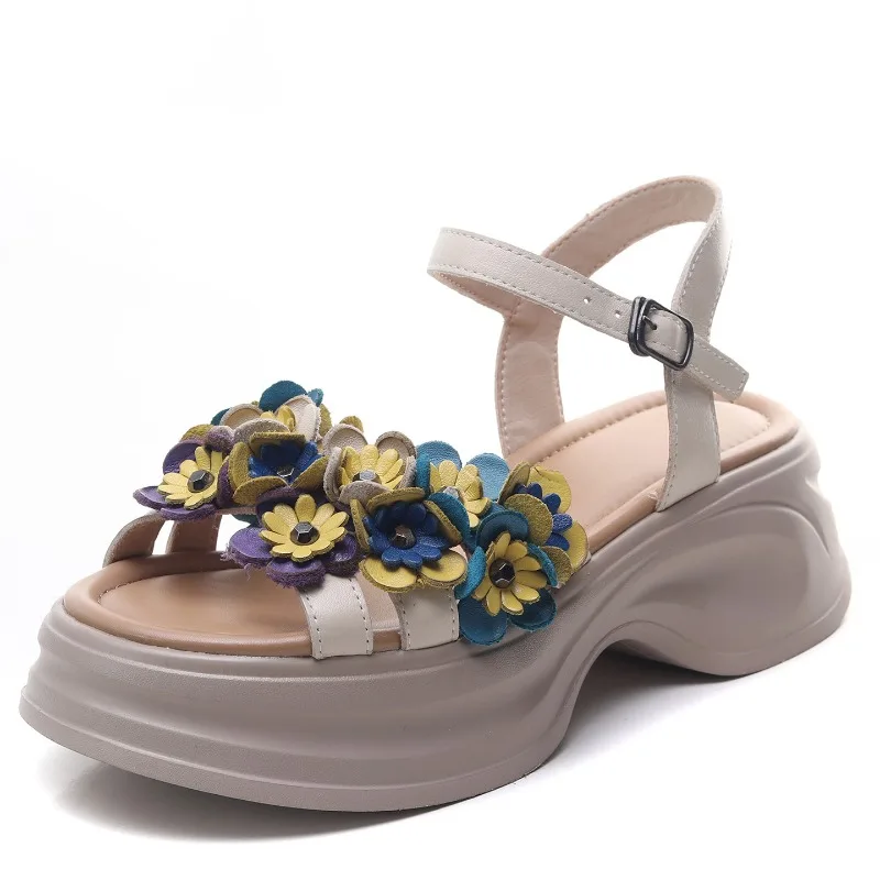 ZXRYXGS 2025 Summer Top Layer Cowhide Classic Flower Sandals Fashionable Shoes Women Thick Sole Elevator Shoe High Heel Sandals