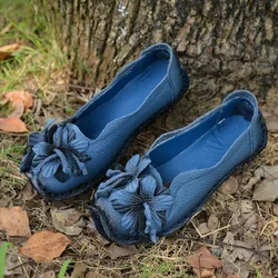 Retro Ballet Flats Women's Luxury Designer Genuine Leather Shoes Ladies Autumn Thick Cushion Loafers Woman Flower Moccasins