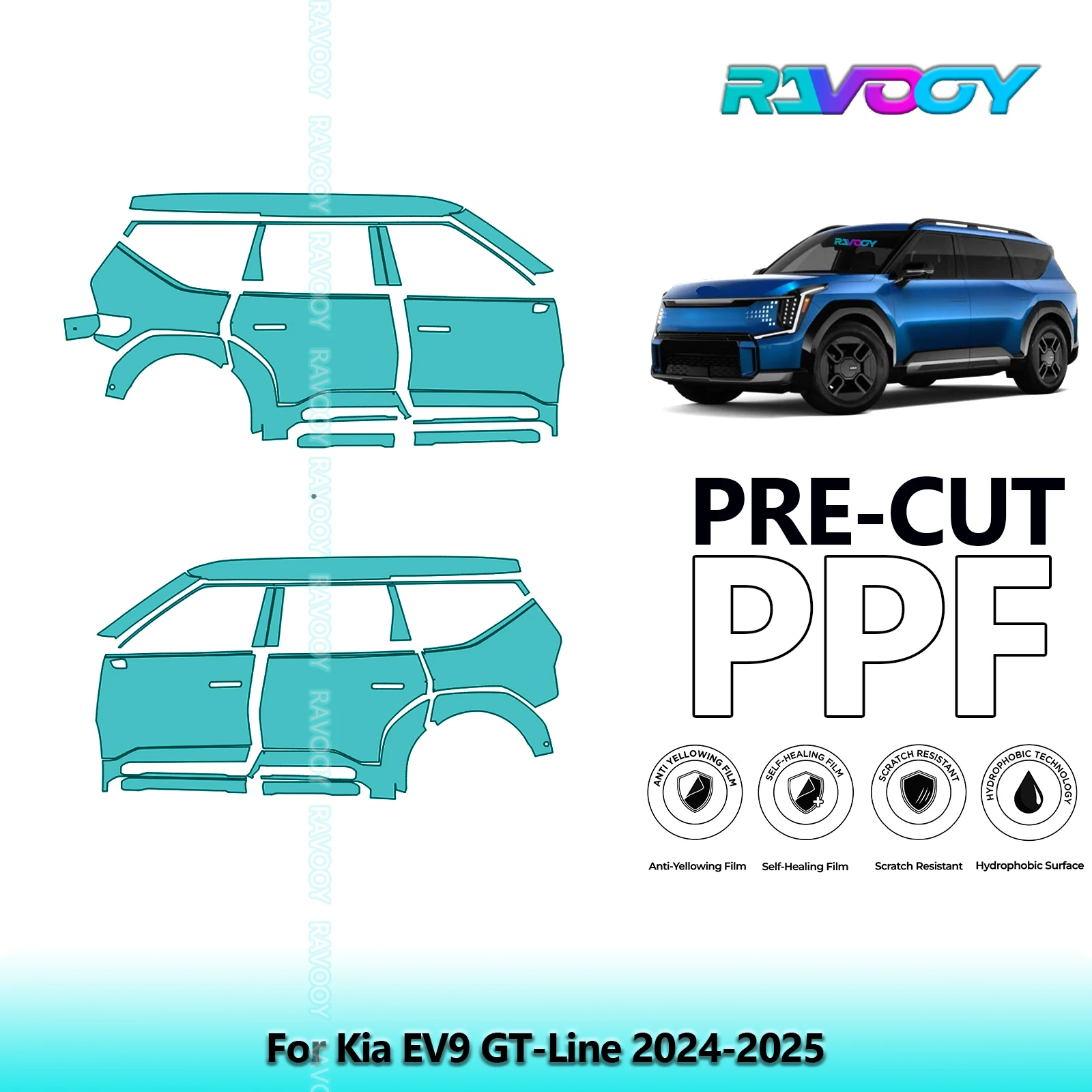 

For Kia EV9 GT-Line 2024-2025 8.5mil Clear Matte Pre-Cut PPF Door & A/B Pillar Kit TPU Paint Protection Film Set
