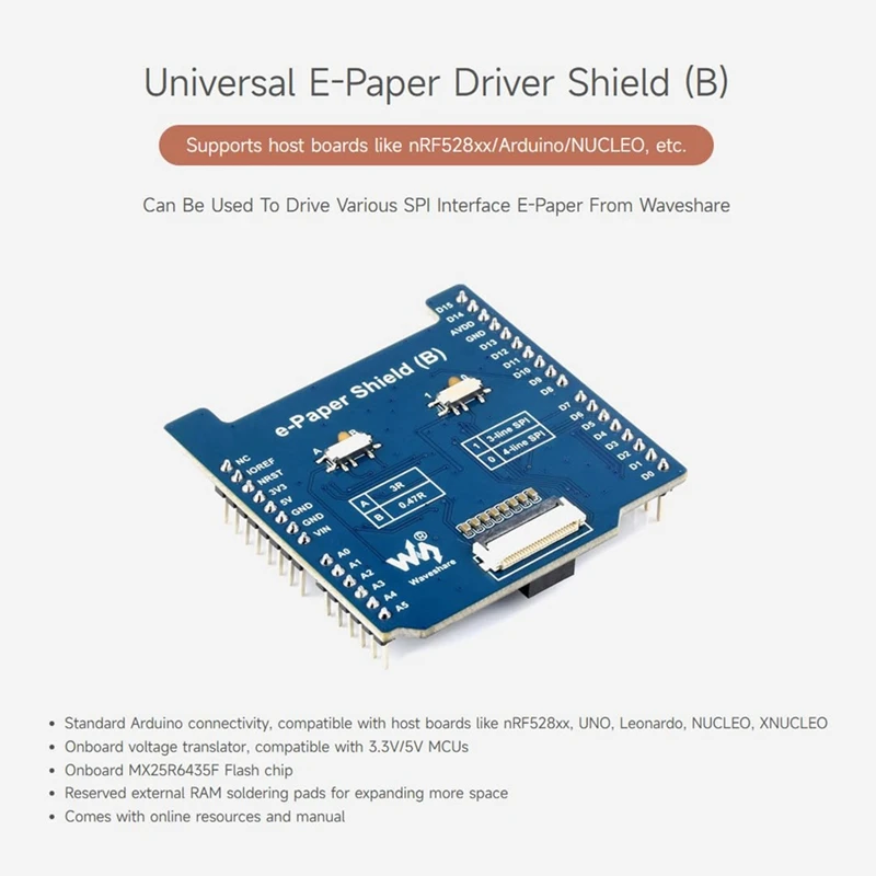 Waveshare E-Paper Driver Shield B Raw Panel Driver For NUCLEO/Arduino Onboard MX25R6435F Flash Chip Expanding External RAM