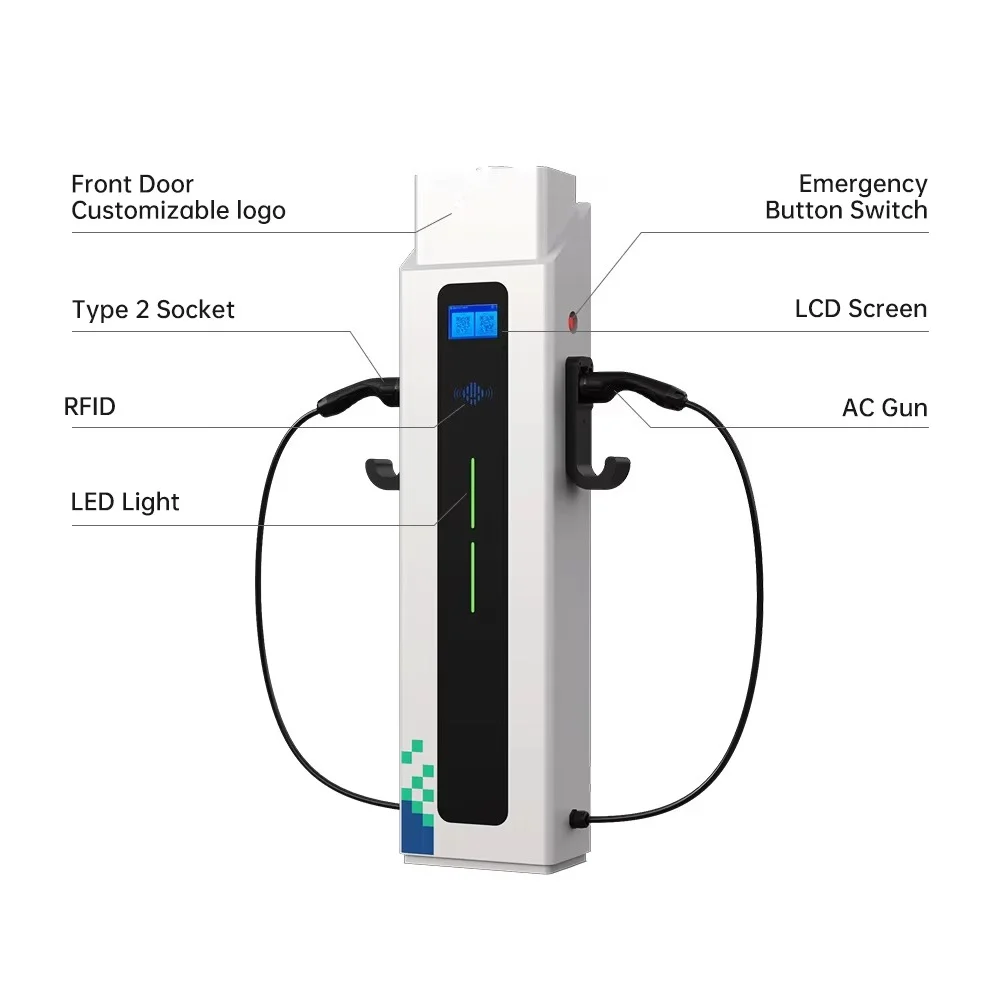 Kommerzielle 44kW AC EV-Ladestation Bodenmontierte Elektrofahrzeug-Ladestationen OCPP Typ1 Typ2 GBT 22kW*2 Schnellladegerät