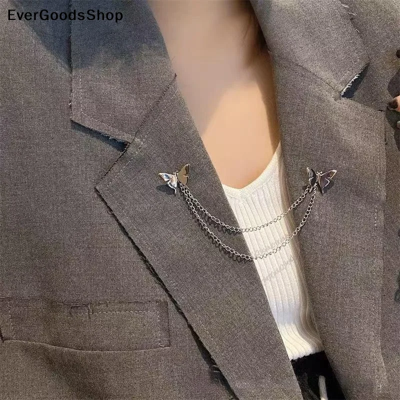 New Punk Butterfly Chain Tassel Brooches Lapel Pin For Women Men Hip Hop Metal Suit Clip Cool Clothing Korean Accessories