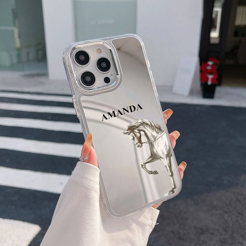 Name Custom Cute Animal Mirror Case for iphone 14 13 12 15 Pro Max SE2020 Case Shockproof Cover for iphone 11 XS XR 14Plus Cases