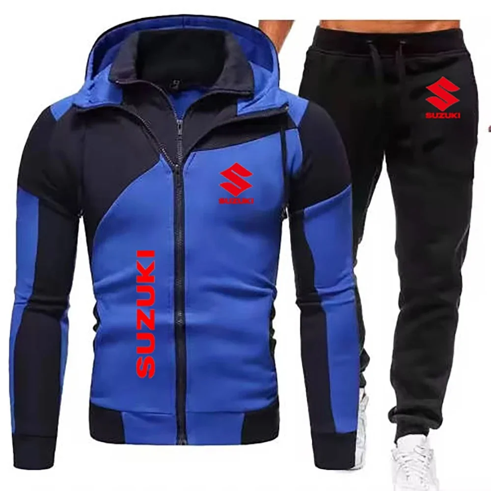 Suzuki New Men's Double Zipper Hoodie Set, Outdoor Cycling, Hiking, Customized Fitness Sweater, Sports Pants Set, Men's Wear