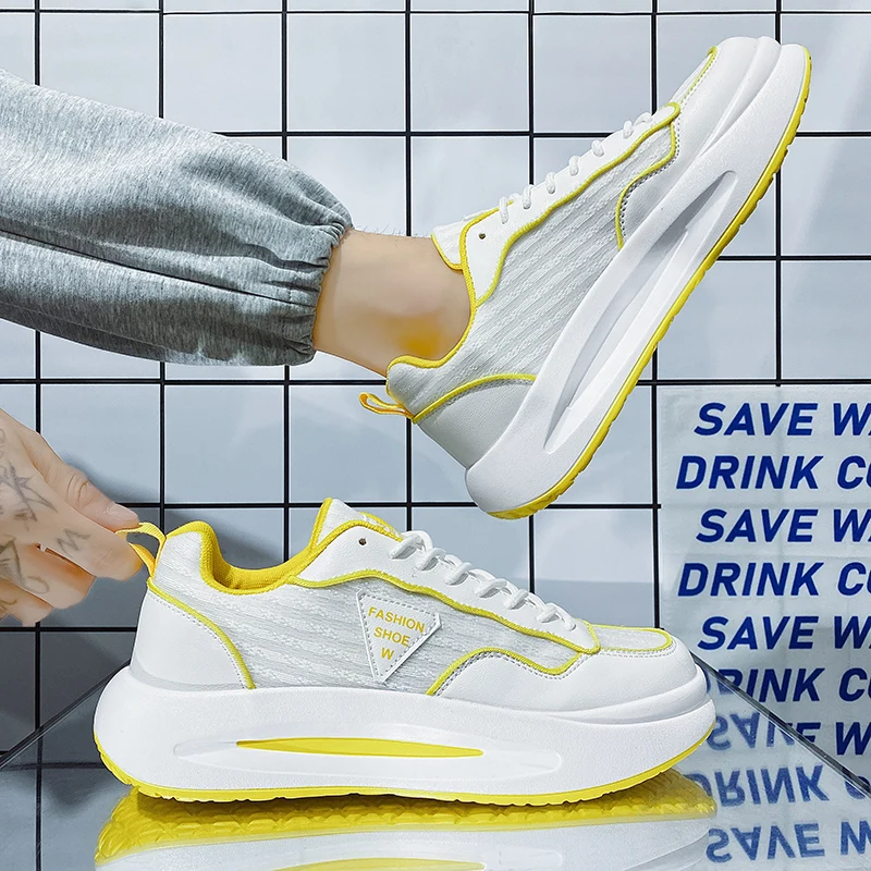 أحذية رياضية ربيعية للرجال قابلة للتنفس - أحذية بيضاء عصرية مقاومة للانزلاق ومقاومة للاهتراء للمراهقين