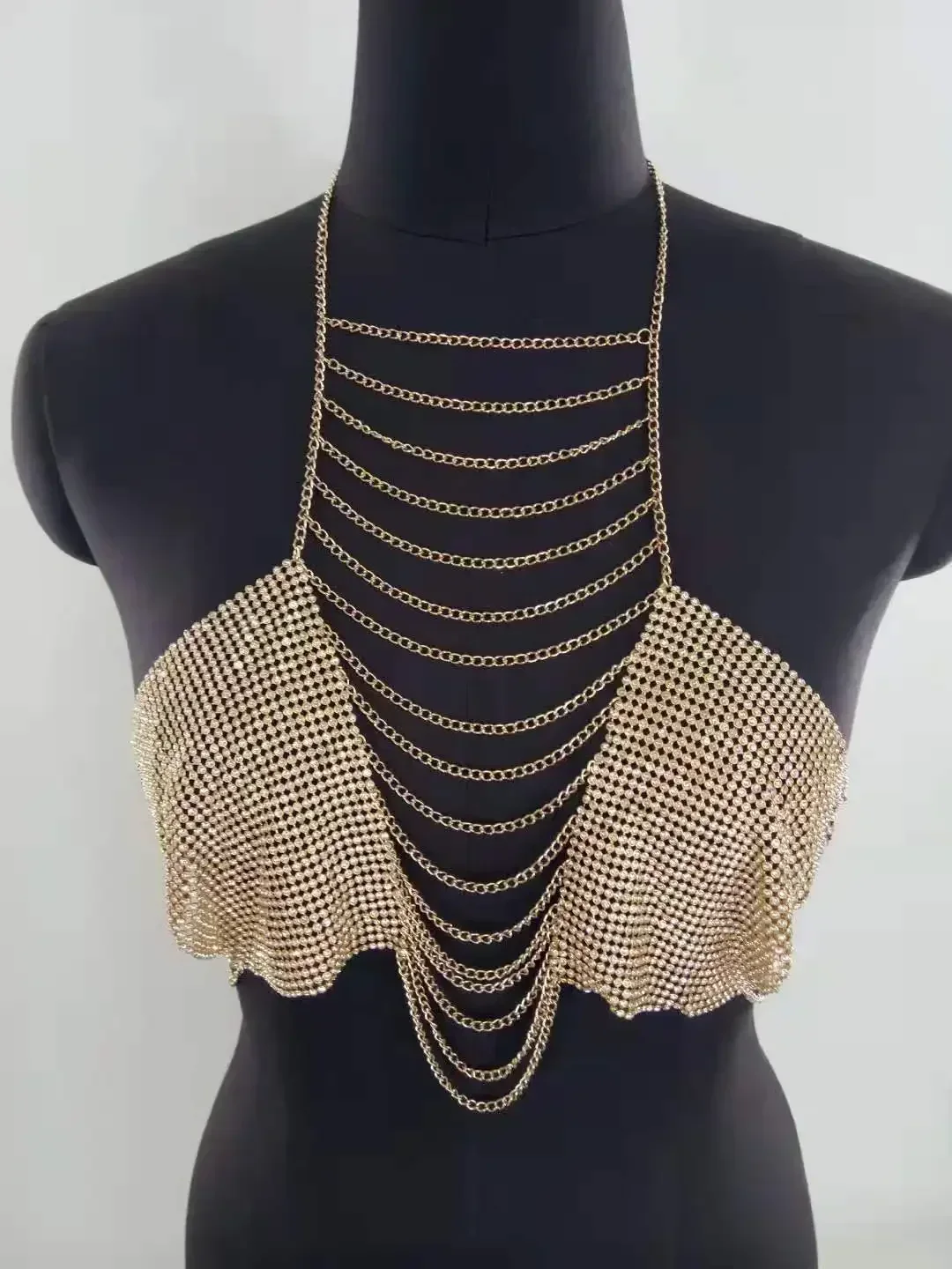 European American Rhinestone Diamond Waist Chain Top Fringed Body Chain Neck Connected Club Jewelry